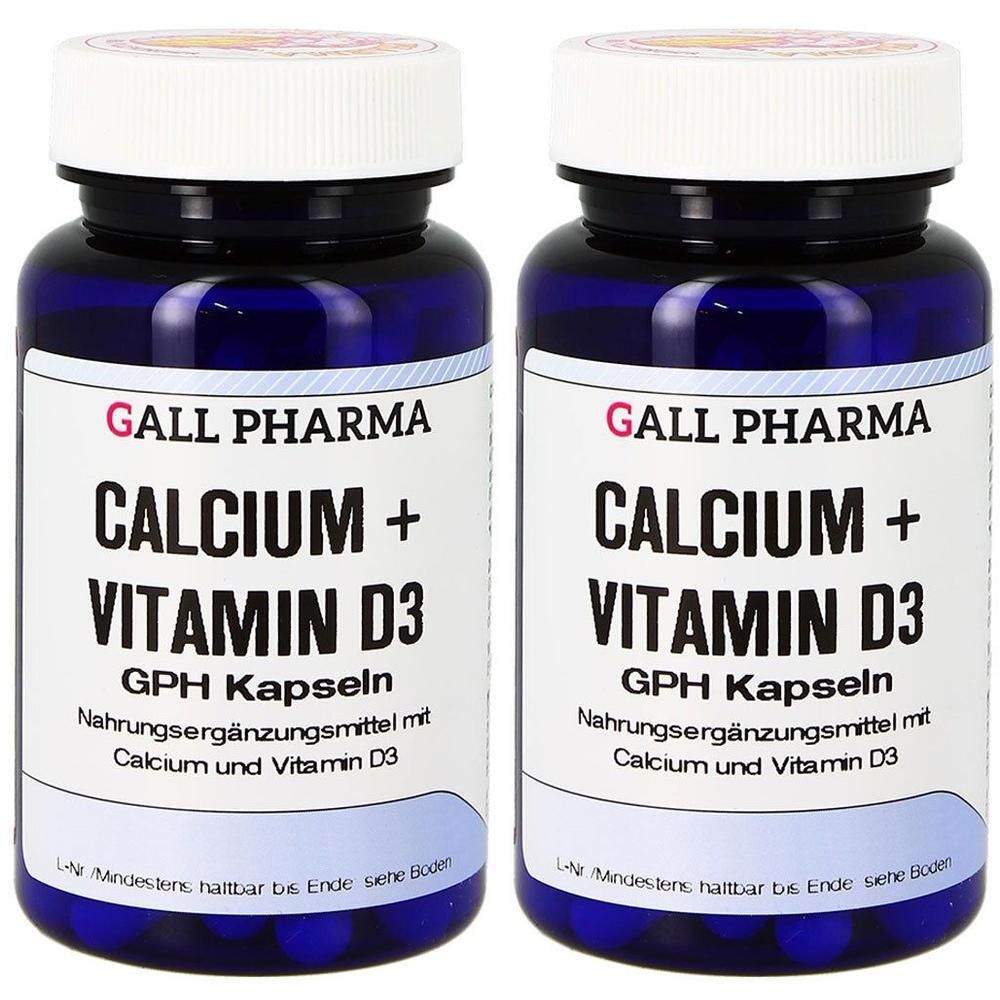 Zwei Flaschen GALL PHARMA Calcium + Vitamin D3 GPH Kapseln. Dunkelblaue Behälter mit weißen Schraubverschlüssen.