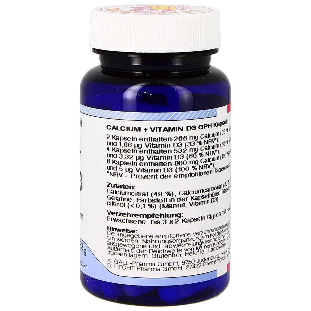 Eine Flasche GALL PHARMA Calcium + Vitamin D3 GPH Kapseln, Rückseite mit Nährwertangaben und Verzehrempfehlung.