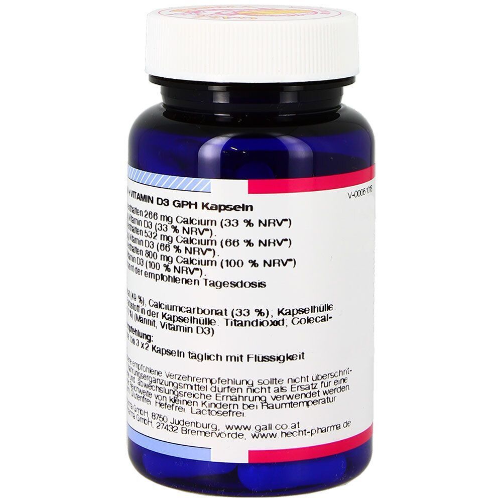 Eine Flasche GALL PHARMA Calcium + Vitamin D3 GPH Kapseln, Rückseite mit Inhaltsstoffen und Anwendungshinweisen.