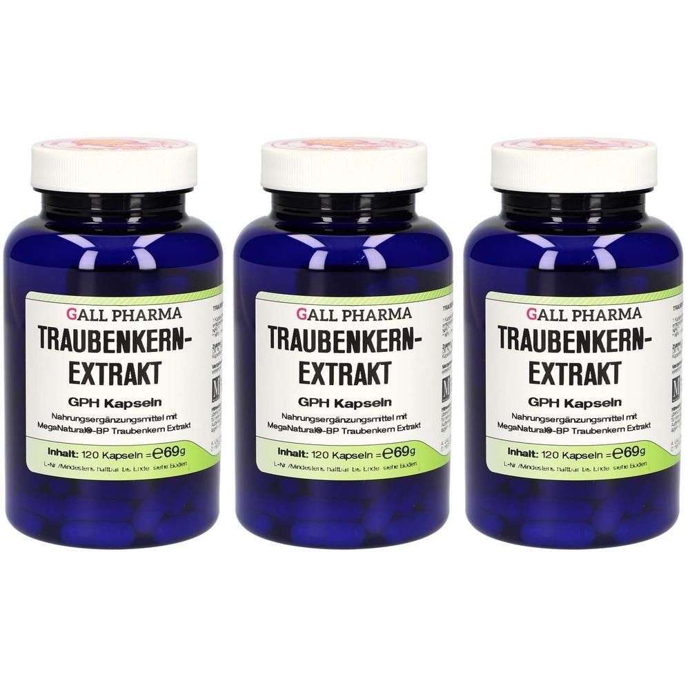 Drei blaue Flaschen GALL PHARMA Traubenkernextrakt GPH Kapseln, 120 Kapseln pro Flasche.