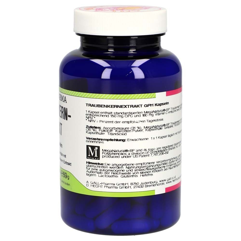 Eine blaue Flasche GALL PHARMA Traubenkernextrakt GPH Kapseln mit detaillierten Informationen auf dem Etikett.