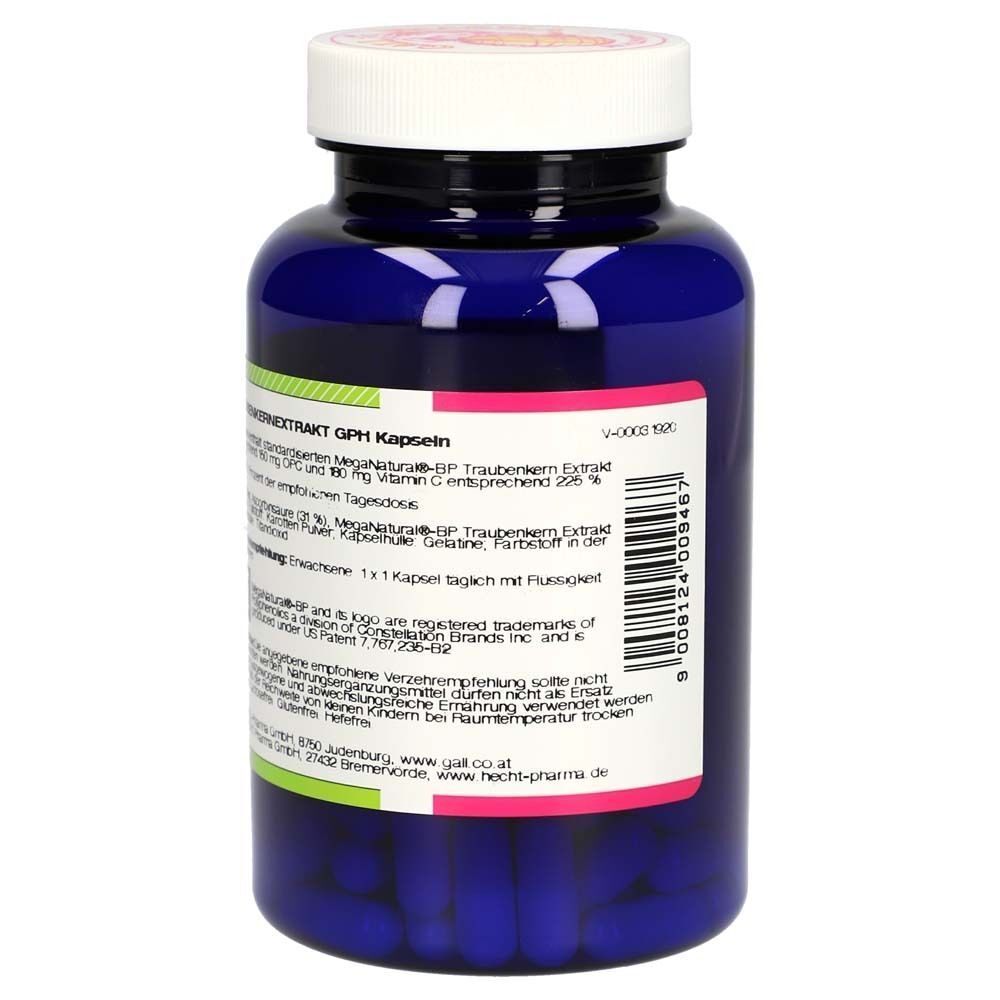 Rückseite einer blauen Flasche GALL PHARMA Traubenkernextrakt GPH Kapseln mit Barcode und Produktinformationen.
