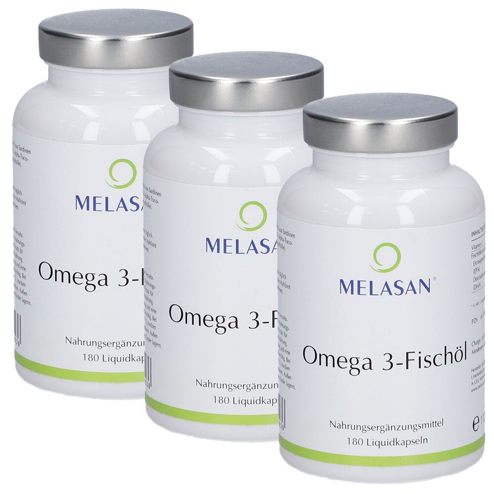 Drei weiße Flaschen mit MELASAN Omega-3 Fischöl Kapseln, jeweils 180 Stück.