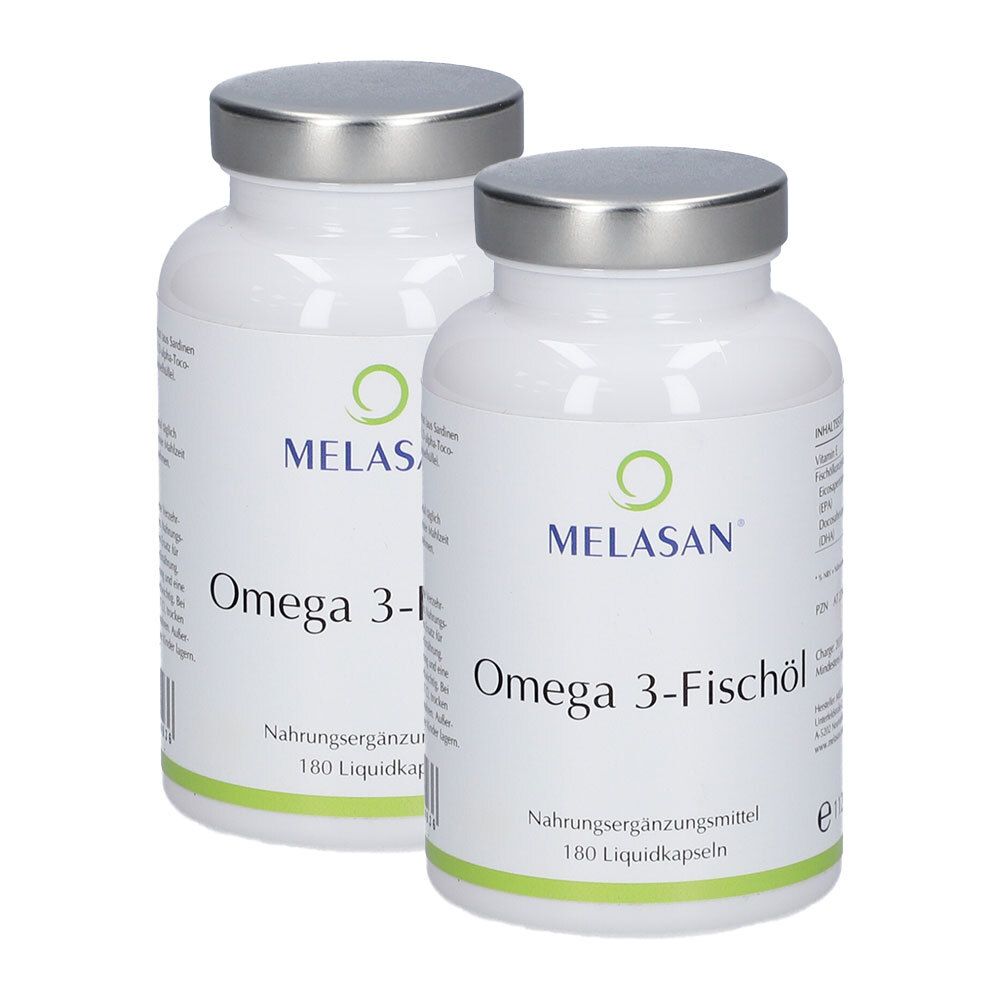 Zwei weiße Flaschen MELASAN Omega 3-Fischöl Kapseln mit silbernen Deckeln. 180 Liquidkapseln pro Flasche.