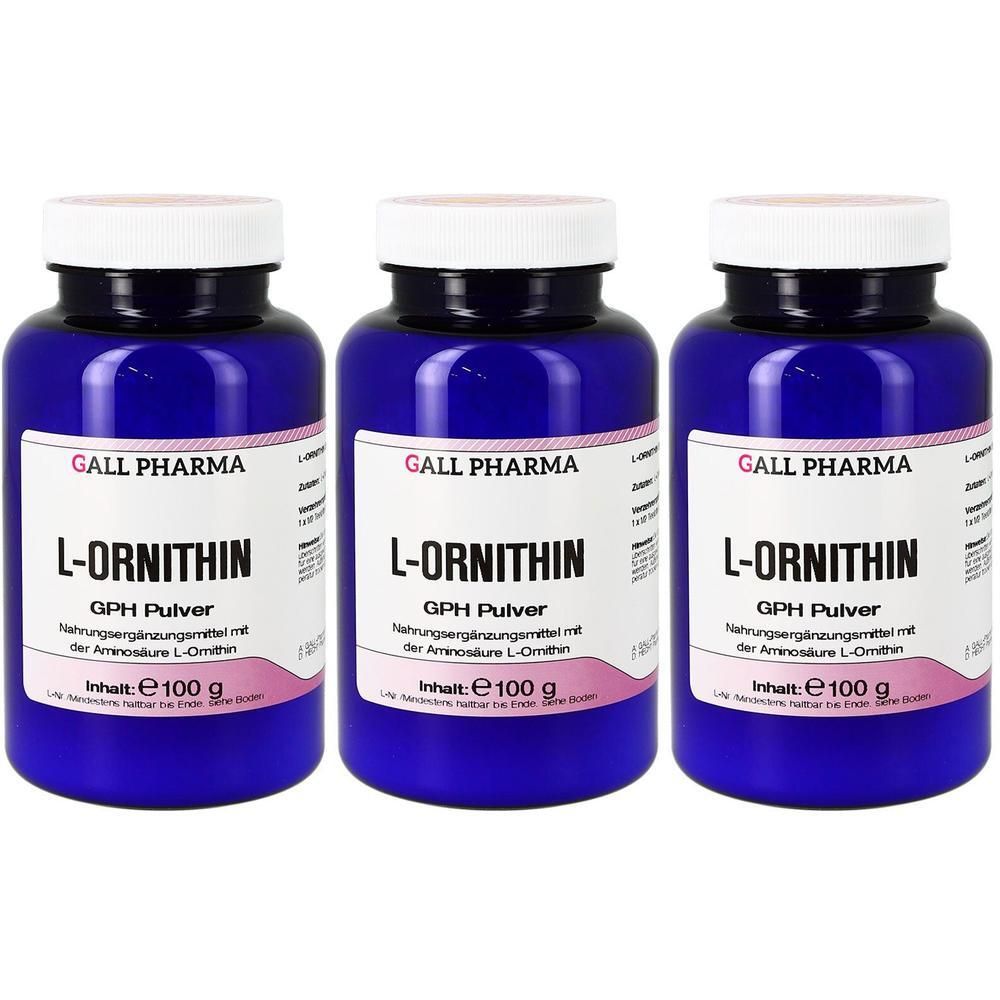 Drei blaue Behälter mit L-Ornithin GPH Pulver von Gall Pharma. Jede Dose enthält 100 g.