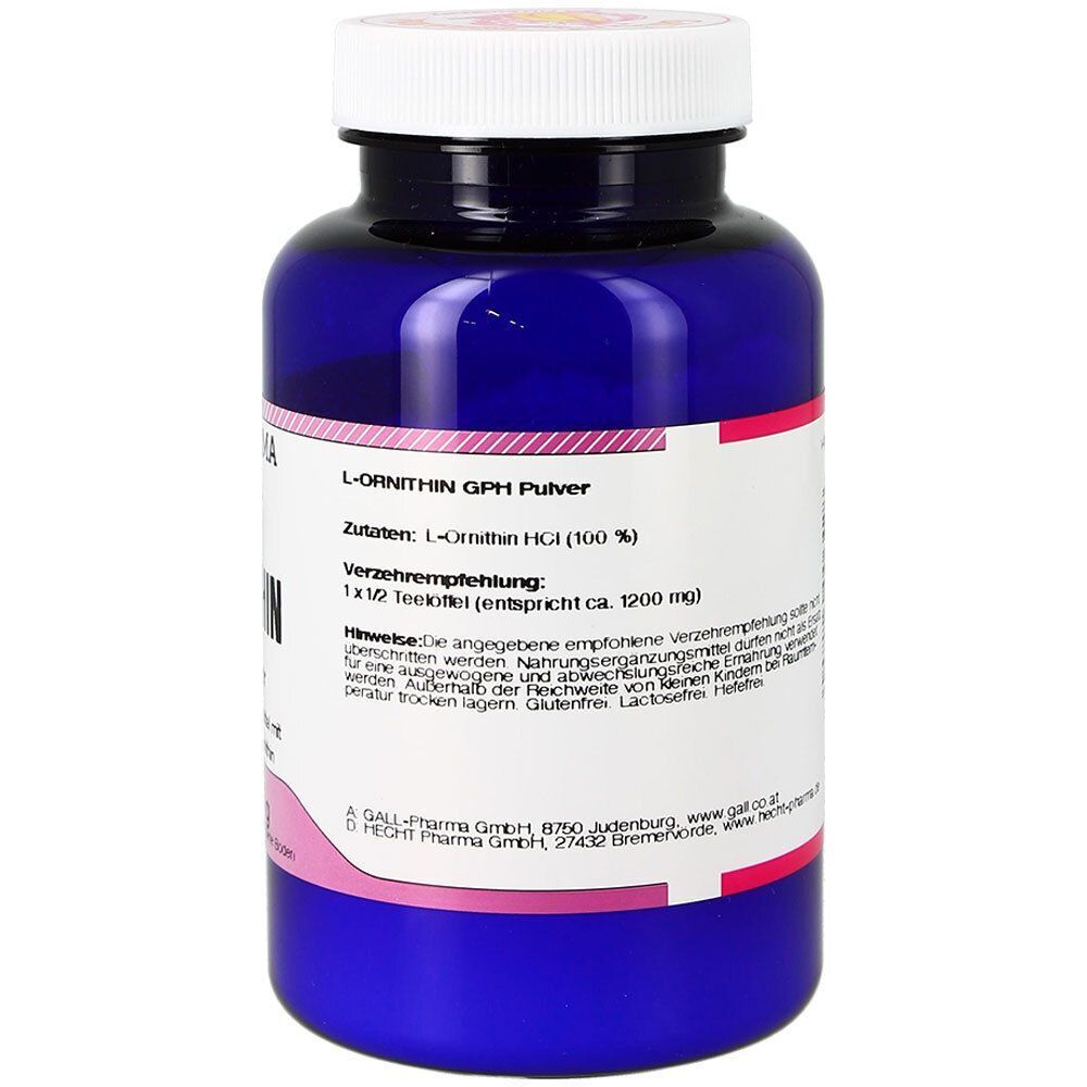 Rückseite eines blauen Behälters mit L-Ornithin GPH Pulver von Gall Pharma. Enthält Zutaten- und Verzehrempfehlungen.