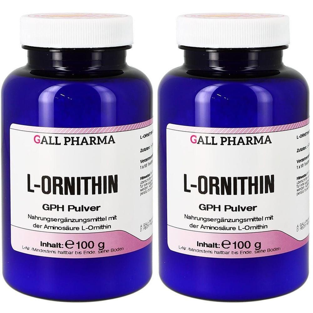 Zwei blaue Behälter mit L-Ornithin GPH Pulver von Gall Pharma, jeweils 100g.