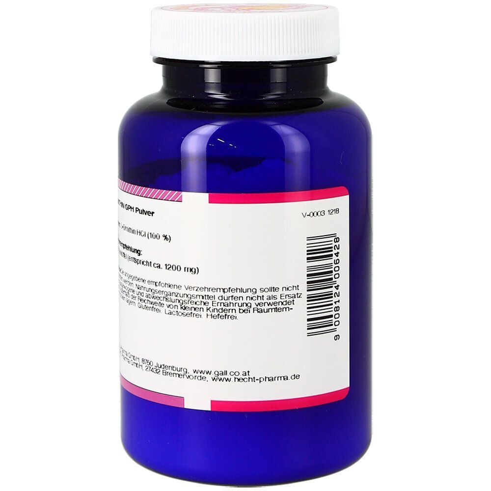 Ein blauer Behälter mit L-Ornithin GPH Pulver von Gall Pharma, Rückseite mit Barcode und Herstellerinformationen.