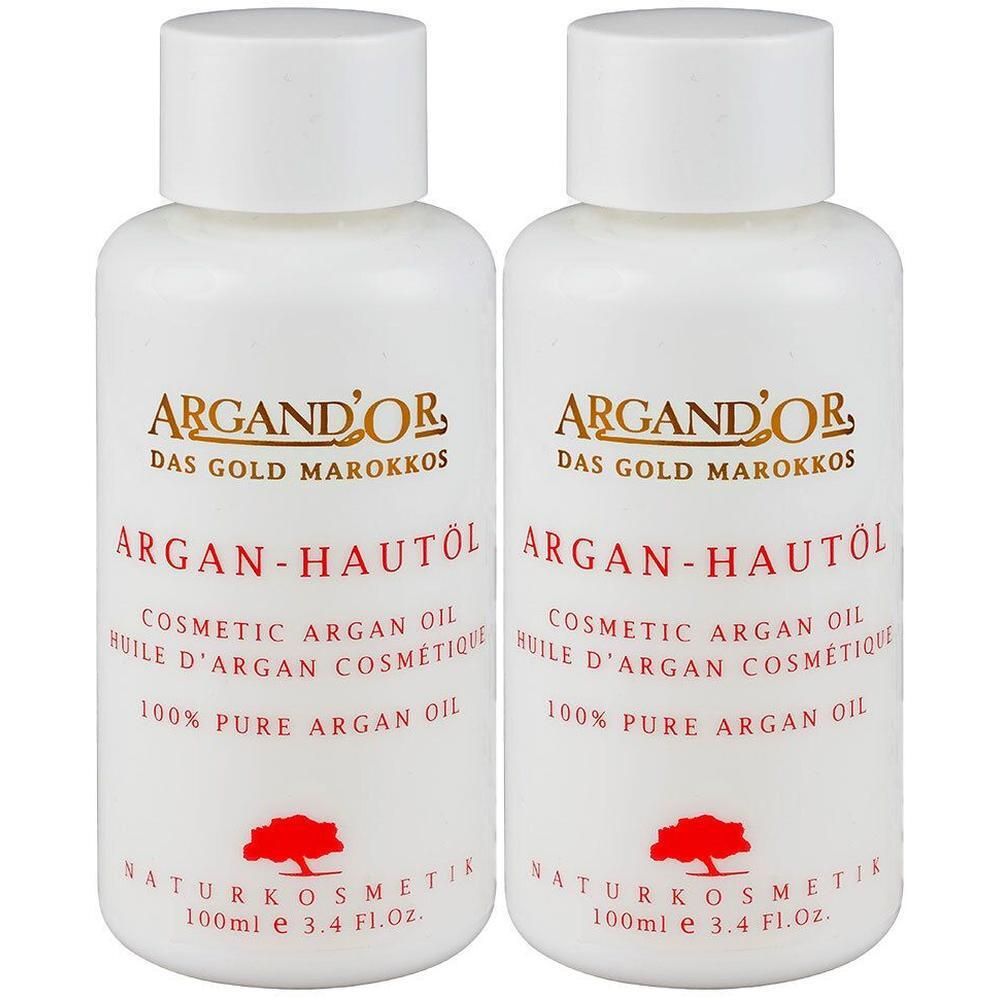 Zwei weiße Flaschen Argand'Or Argan-Hautöl, 100ml.