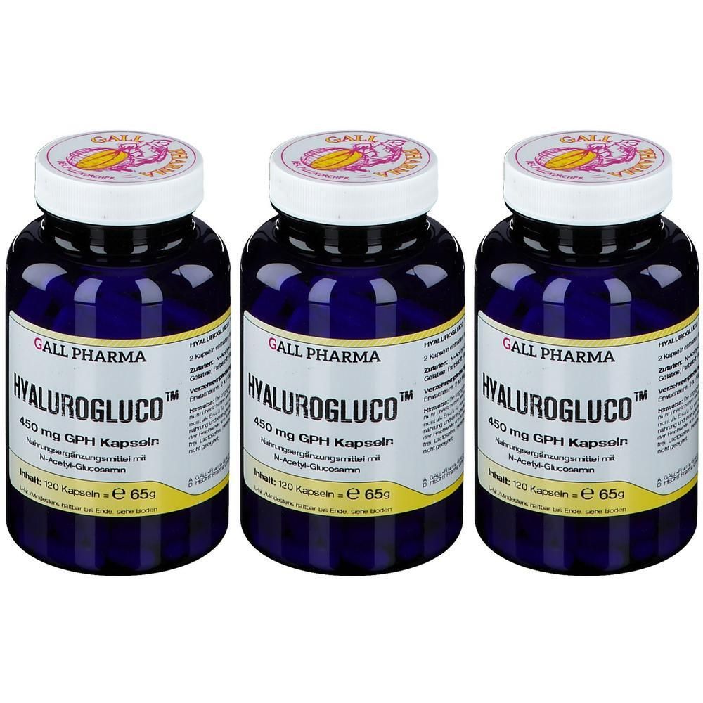 Drei Flaschen Hyalurogluco™ 450 mg Kapseln von GALL PHARMA. Blaue Behälter mit weißen Deckeln.