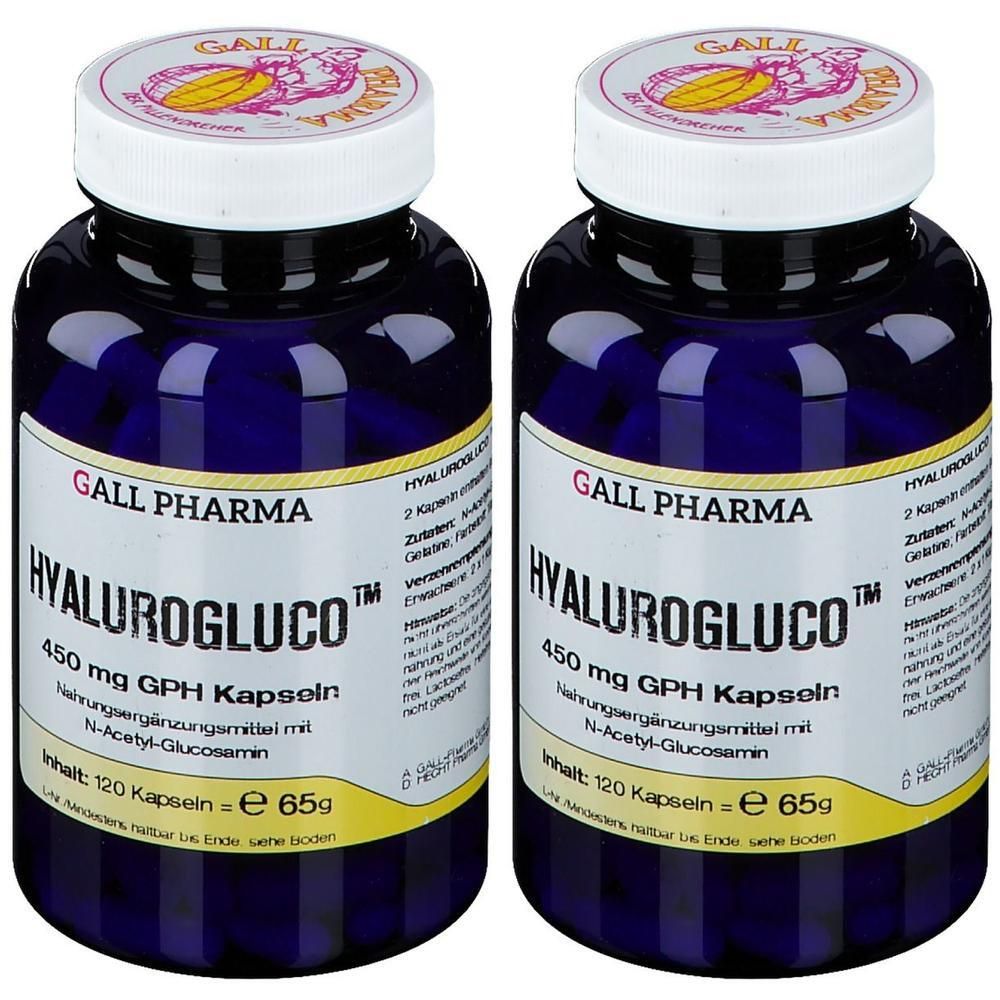 Zwei Flaschen GALL PHARMA Hyalurogluco™ Kapseln, 450 mg GPH, 120 Kapseln pro Flasche.