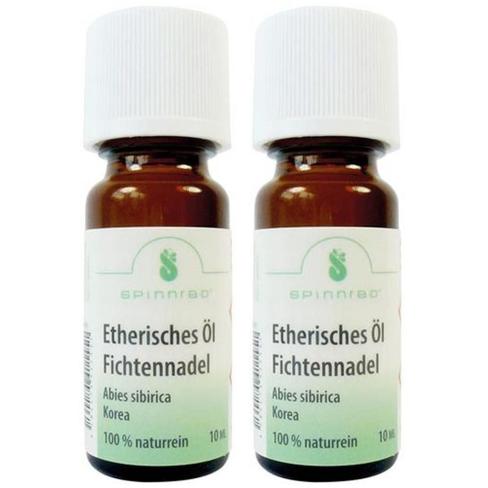 Zwei Flaschen ätherisches Fichtennadelöl, 100 % naturrein, mit weißen Schraubverschlüssen.