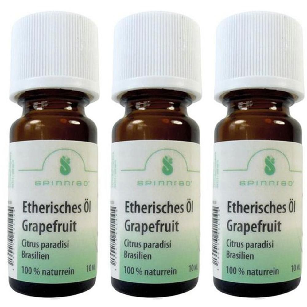 Drei Flaschen ätherisches Grapefruitöl, 100 % naturrein, 10 ml.