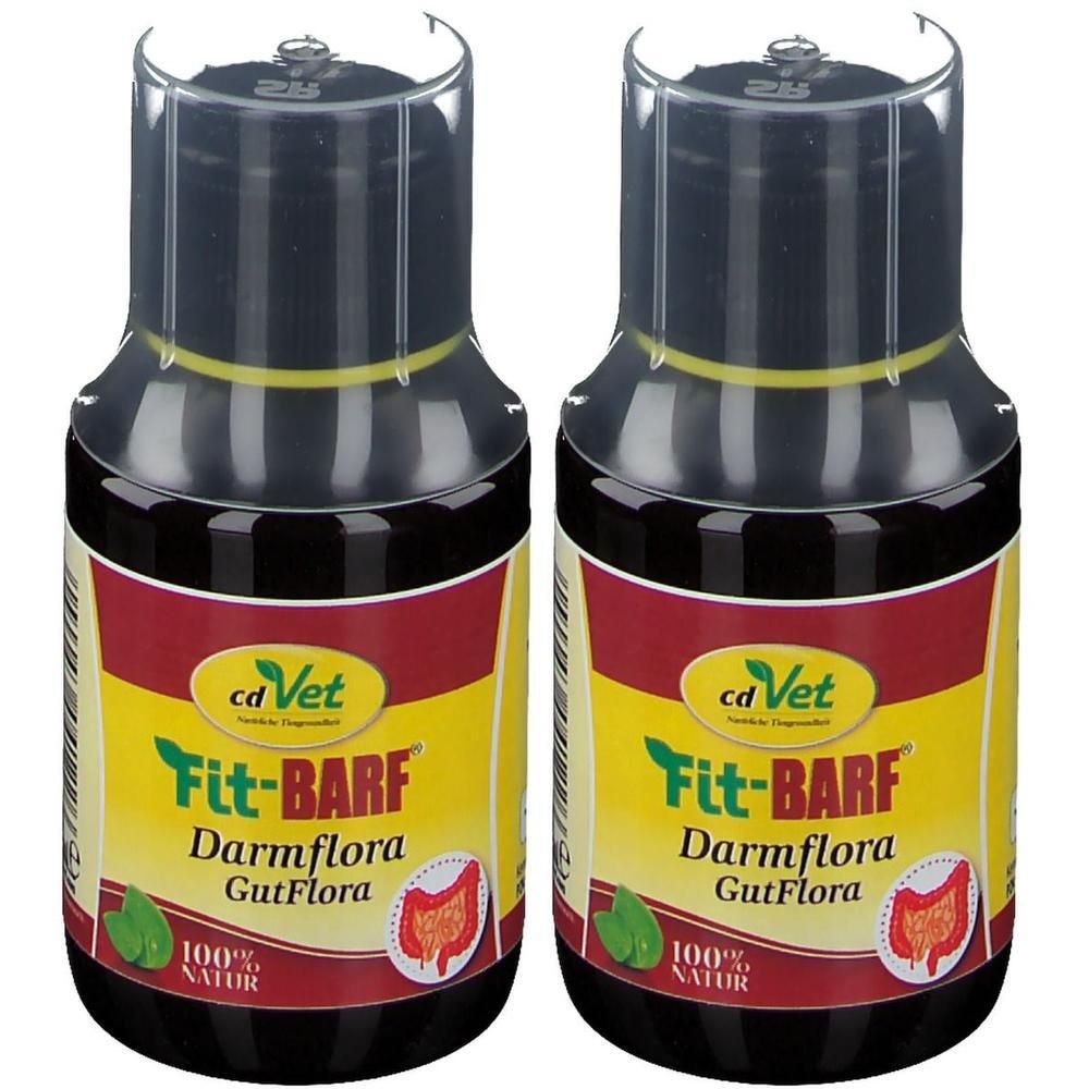 Zwei Flaschen cd Vet Fit-BARF DarmFlora mit klaren Verschlüssen und gelbem Band.