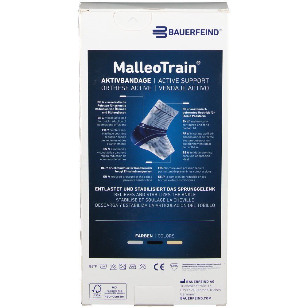 Rückseite der Bauerfeind MalleoTrain Aktivbandage-Verpackung mit Produktinformationen und Anwendungshinweisen.