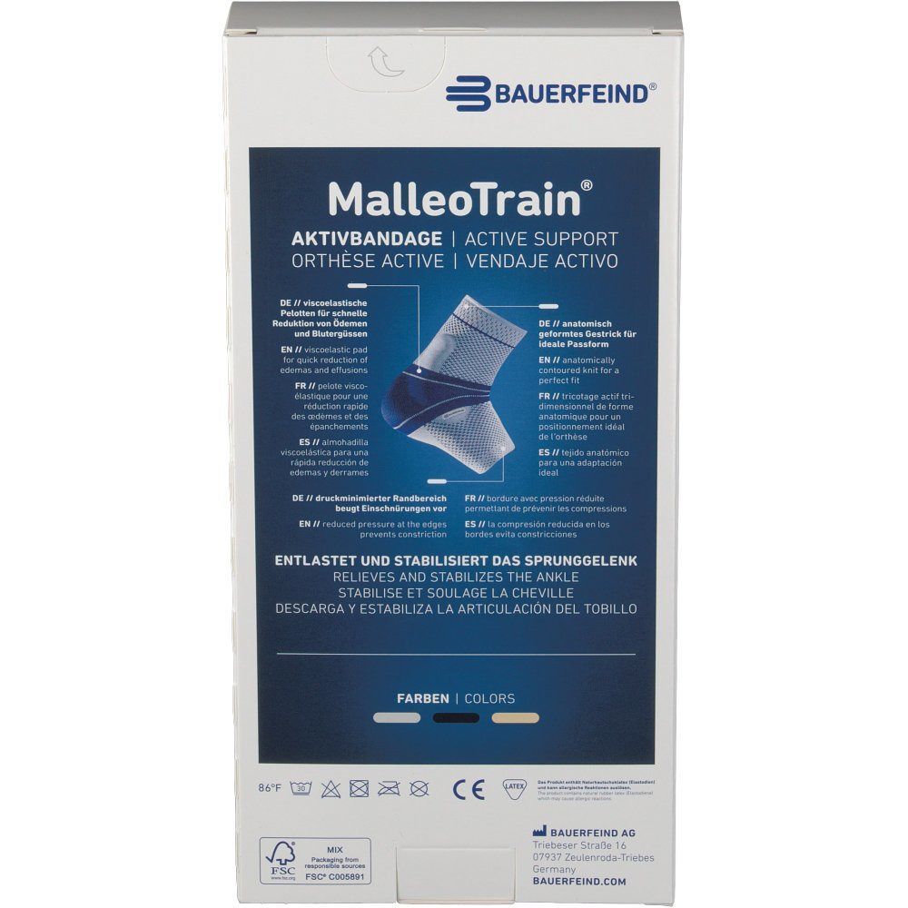 Rückseite einer Bauerfeind MalleoTrain Aktivbandage-Verpackung mit Produktinformationen und Illustrationen.