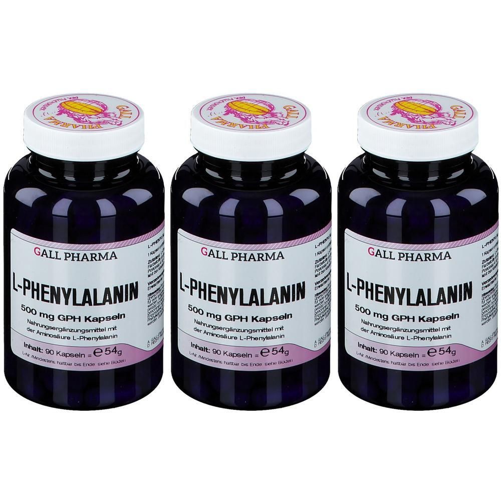 Drei Flaschen L-Phenylalanin 500 mg Kapseln von Gall Pharma. Dunkelviolette Behälter mit weißen Deckeln und Etiketten.