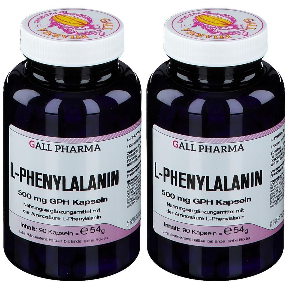 Zwei Flaschen L-Phenylalanin 500 mg GPH Kapseln von Gall Pharma, je 90 Kapseln.