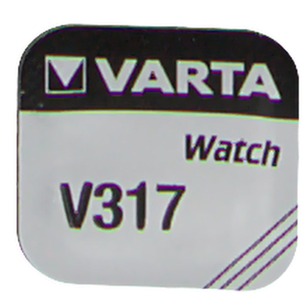 Varta Knopfzellenbatterie V317 für Uhren. Silberfarbene Metalloberfläche.