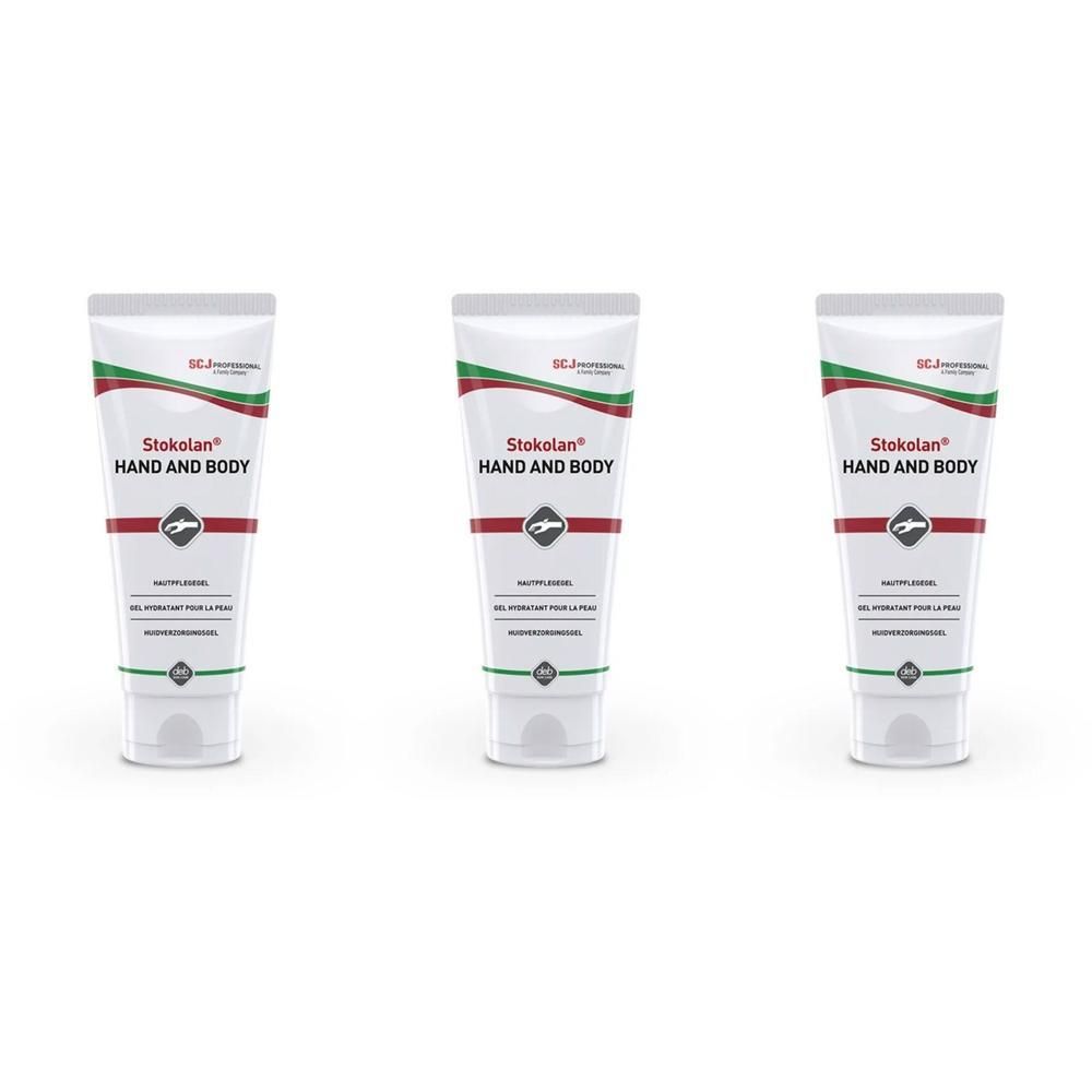 Drei weiße Tuben Stokolan® Hand & Body mit rotem und grünem Streifen.