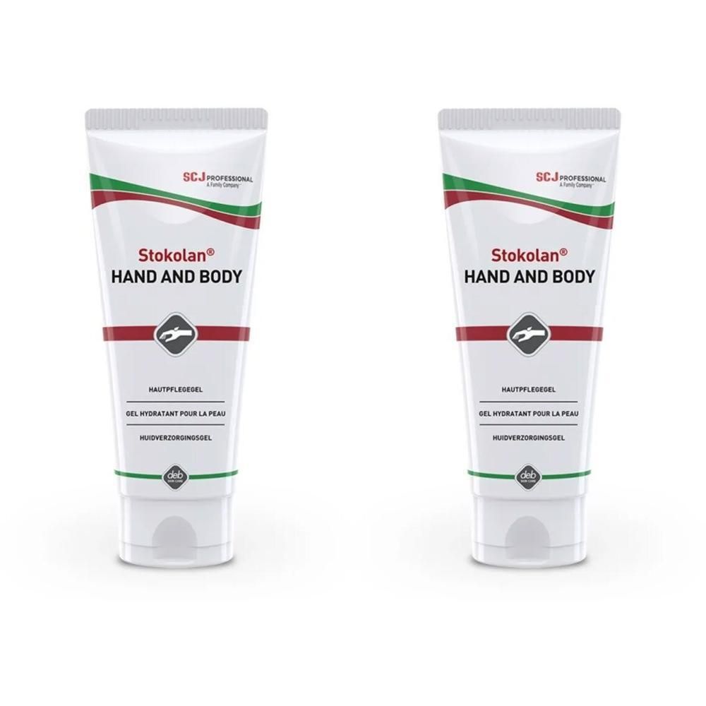 Zwei weiße Tuben Stokolan® Hand & Body Hautpflegegel mit rotem und grünem Streifen.