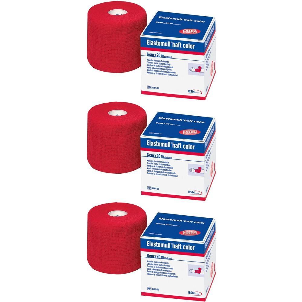 Drei rote Rollen elastisches Mullbinden, jeweils 8 cm x 20 m, mit Verpackung.