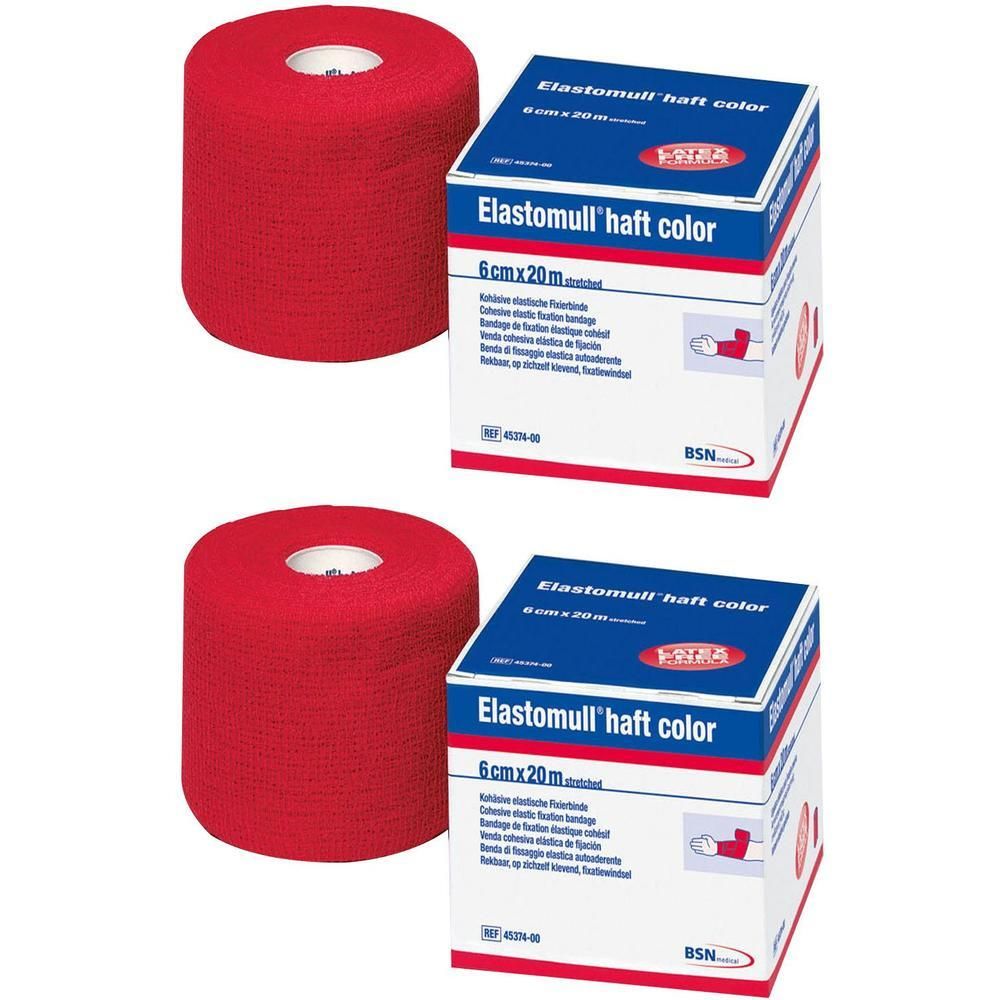Zwei rote elastische Binden mit Klebebeschichtung, jeweils 6 cm x 20 m, in Verpackung.