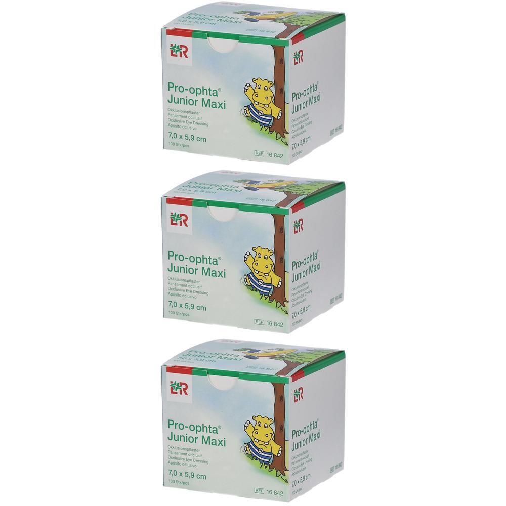 Drei Packungen Pro-optha Junior Maxi Augenpflaster, 7,0 x 5,9 cm.