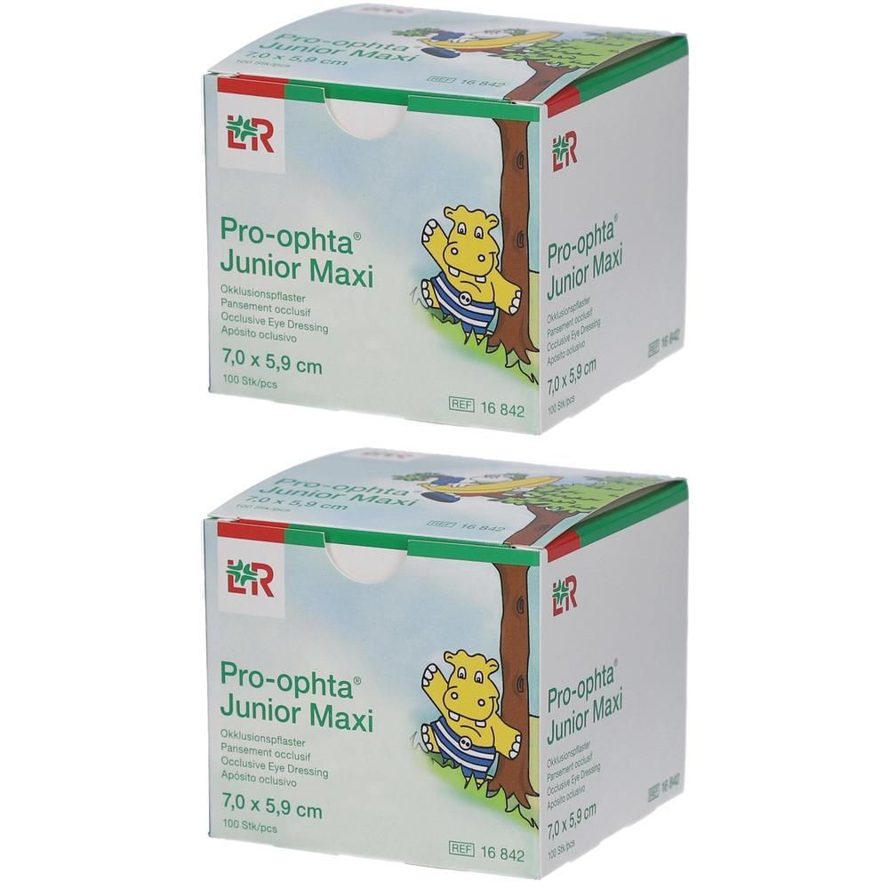 Zwei Schachteln Pro-optha Junior Maxi Augenverbände, 7,0 x 5,9 cm.