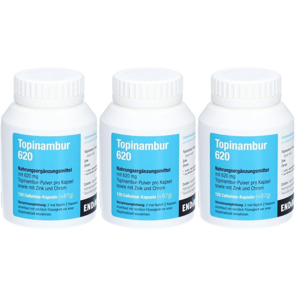 Drei Behälter Topinambur 620 Kapseln, Nahrungsergänzungsmittel mit 620 mg Topinambur-Pulver pro Kapsel.