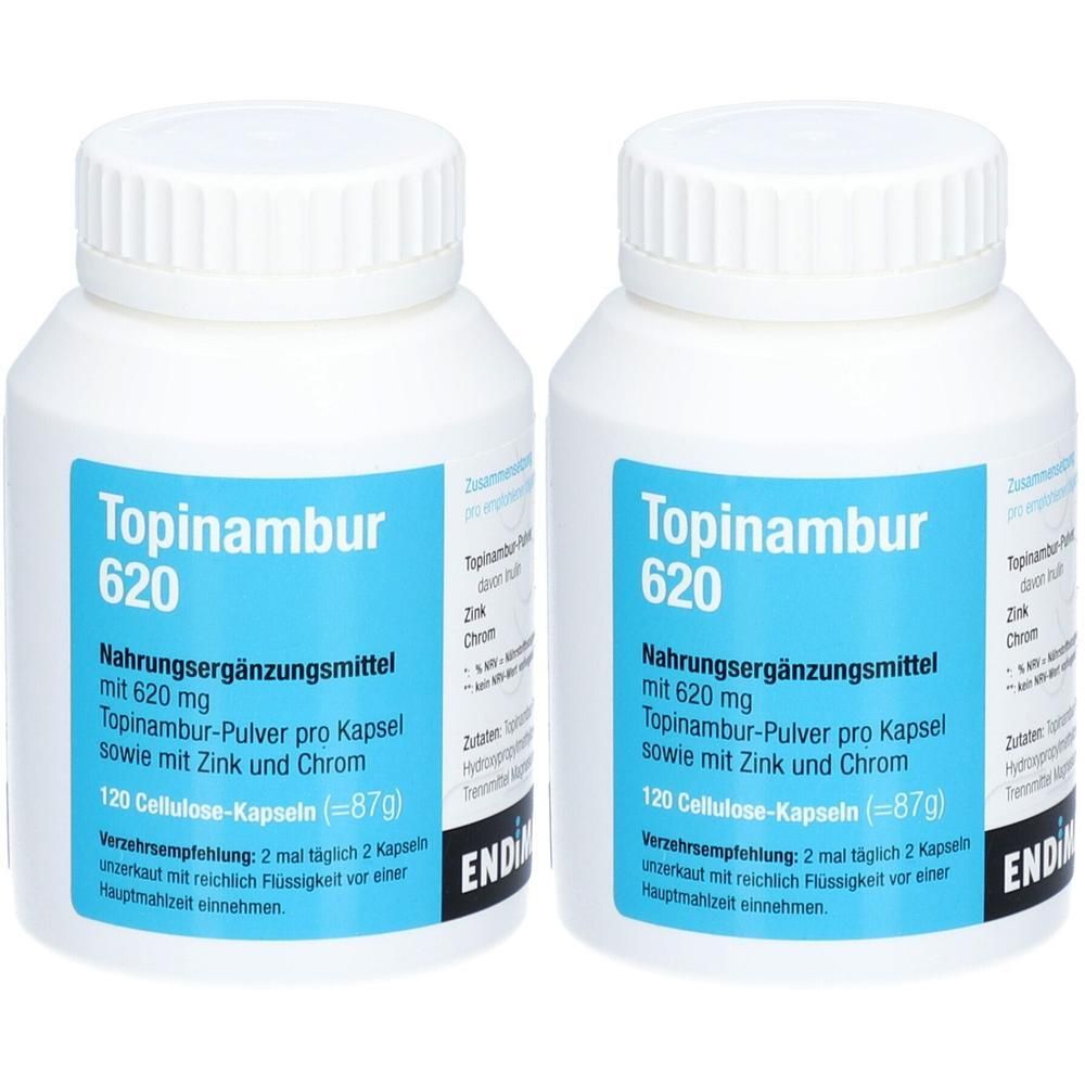 Zwei weiße Behälter mit Topinambur 620 Kapseln, Nahrungsergänzungsmittel mit Zink und Chrom.
