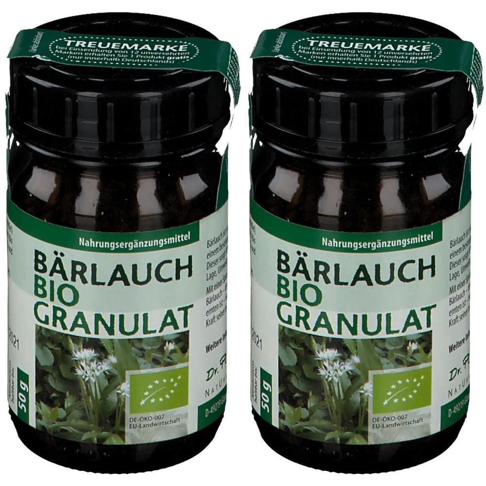 Zwei Gläser Bärlauch Bio Granulat, jeweils 50g, mit Bio-Siegel.