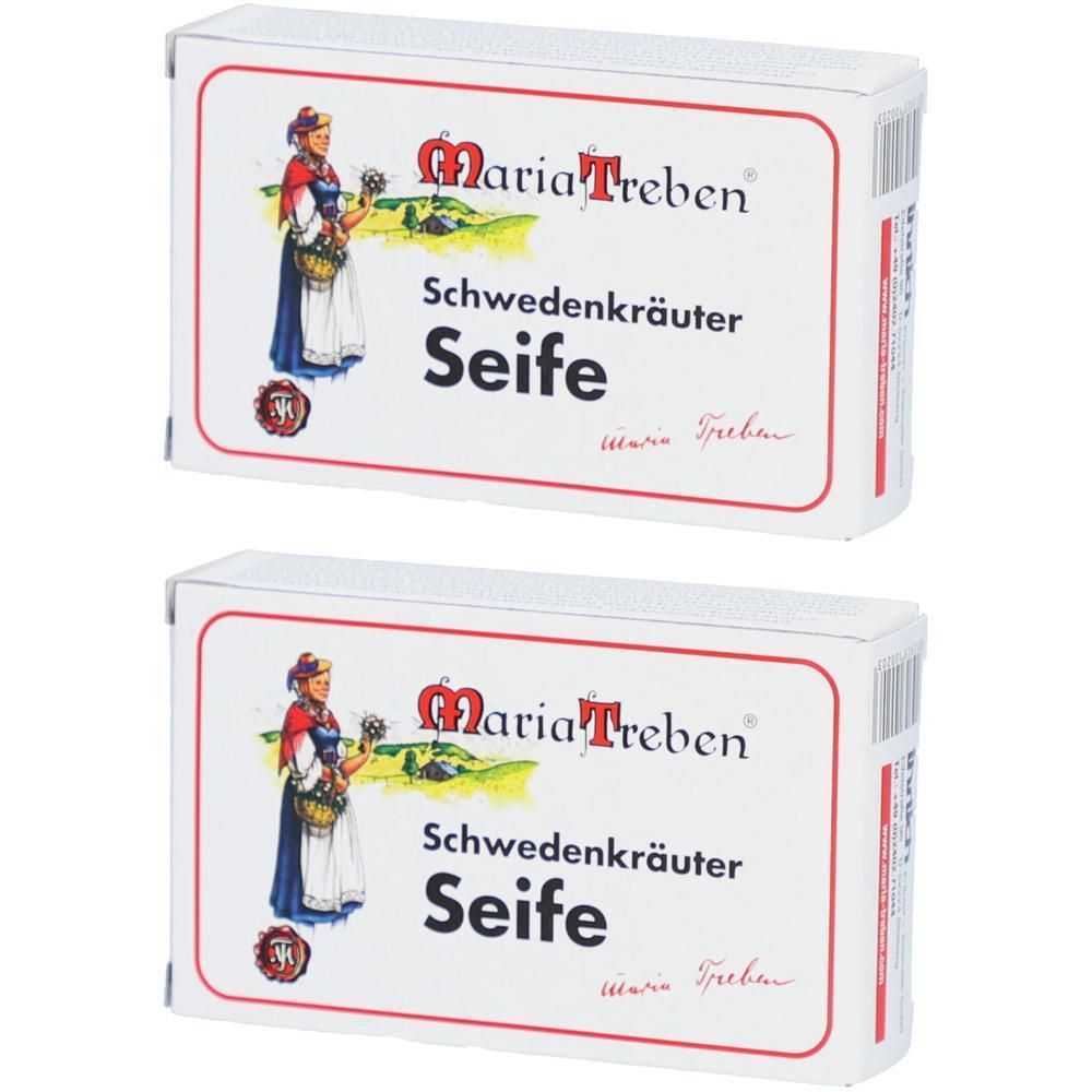 Zwei Packungen Maria Treben Schwedenkräuter Seife mit Abbildung einer Frau und Kräutern.