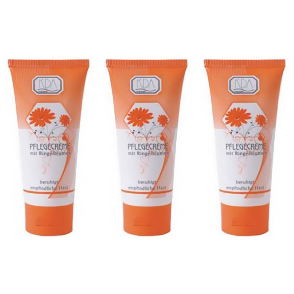 Drei Tuben KDA Pflegecreme mit Ringelblumen-Motiv und Text.