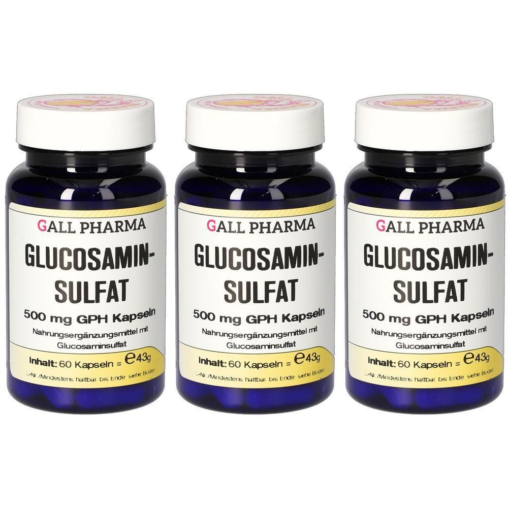 Drei Flaschen Glucosaminsulfat 500 mg GPH Kapseln. Dunkelblaue Behälter mit weißen Kappen.