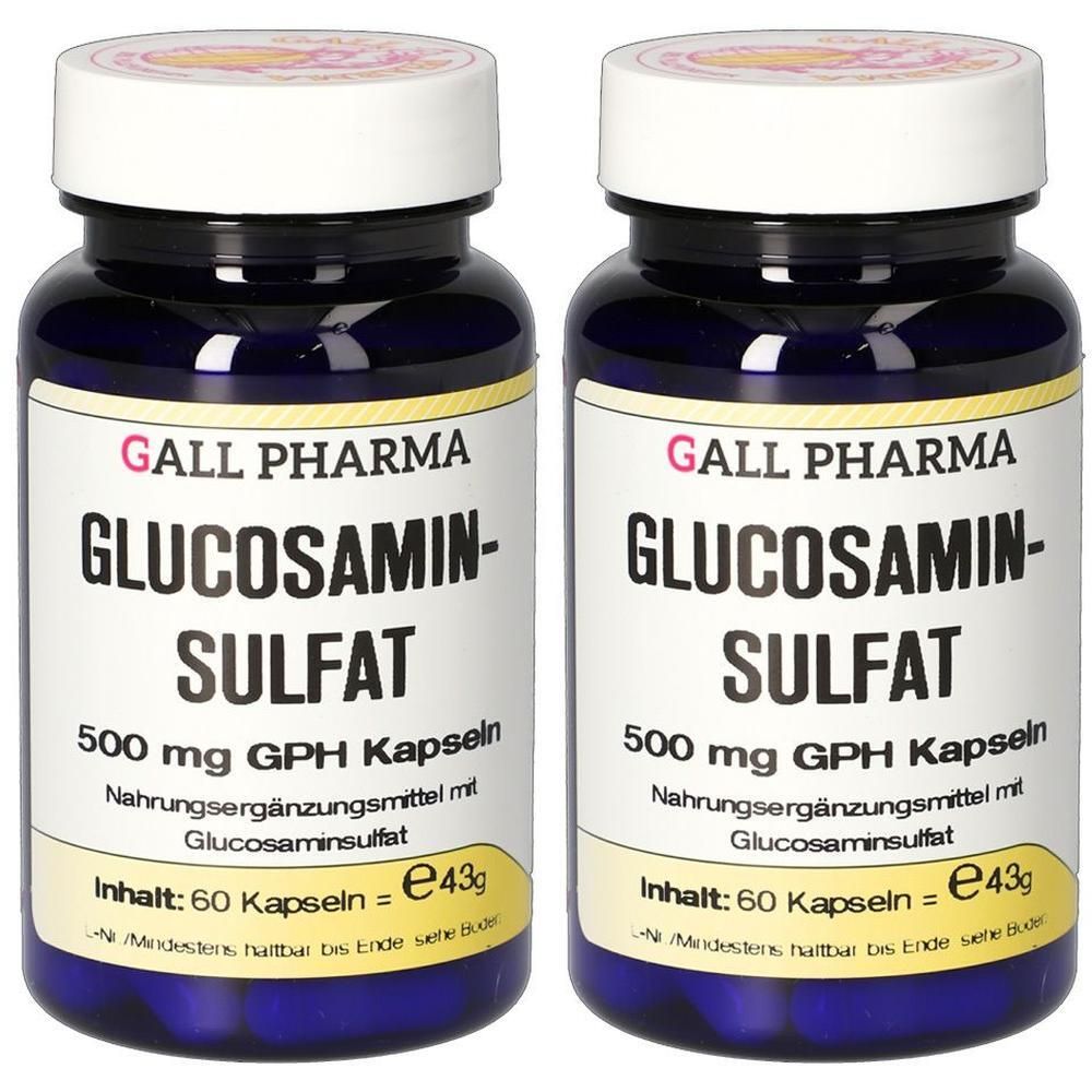 Zwei Flaschen Glucosaminsulfat 500 mg GPH Kapseln, Nahrungsergänzungsmittel mit Glucosaminsulfat.