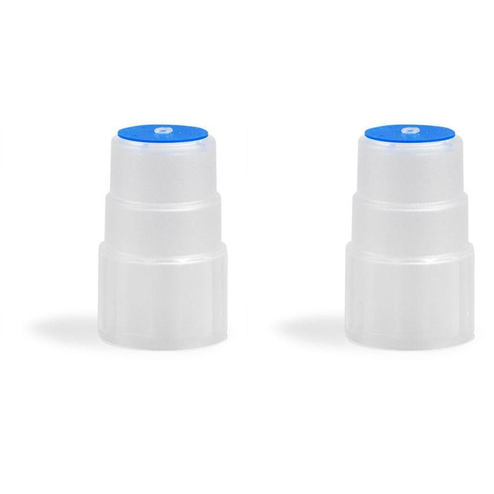 Zwei transparente Atemventile mit blauen Kappen, gestuftes Design.