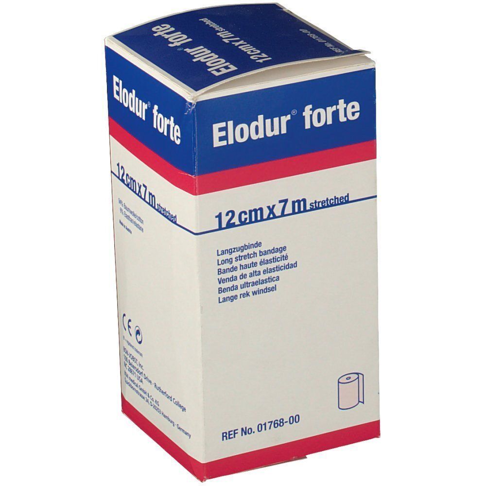Elodur forte Langzugbinde, 12 cm x 7 m, mit mehrsprachigen Produktinformationen.