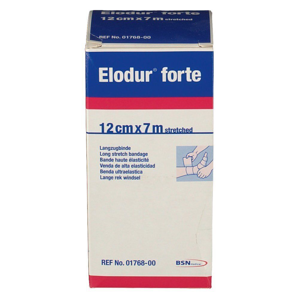 Elodur® forte Langzugbinde, 12 cm x 7 m, mit Abbildung und Herstellerangaben.