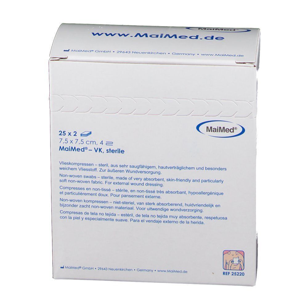 Eine Schachtel MaiMed Vlieskompressen 7,5 cm x 7,5 cm steril, von hinten.