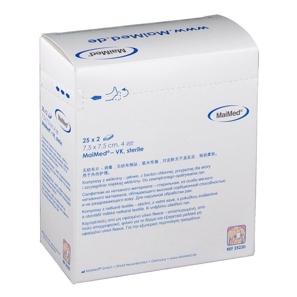Eine Packung MaiMed Vlieskompressen 7,5 cm x 7,5 cm steril. Vorderansicht der Kartonverpackung mit mehrsprachigen Informationen.