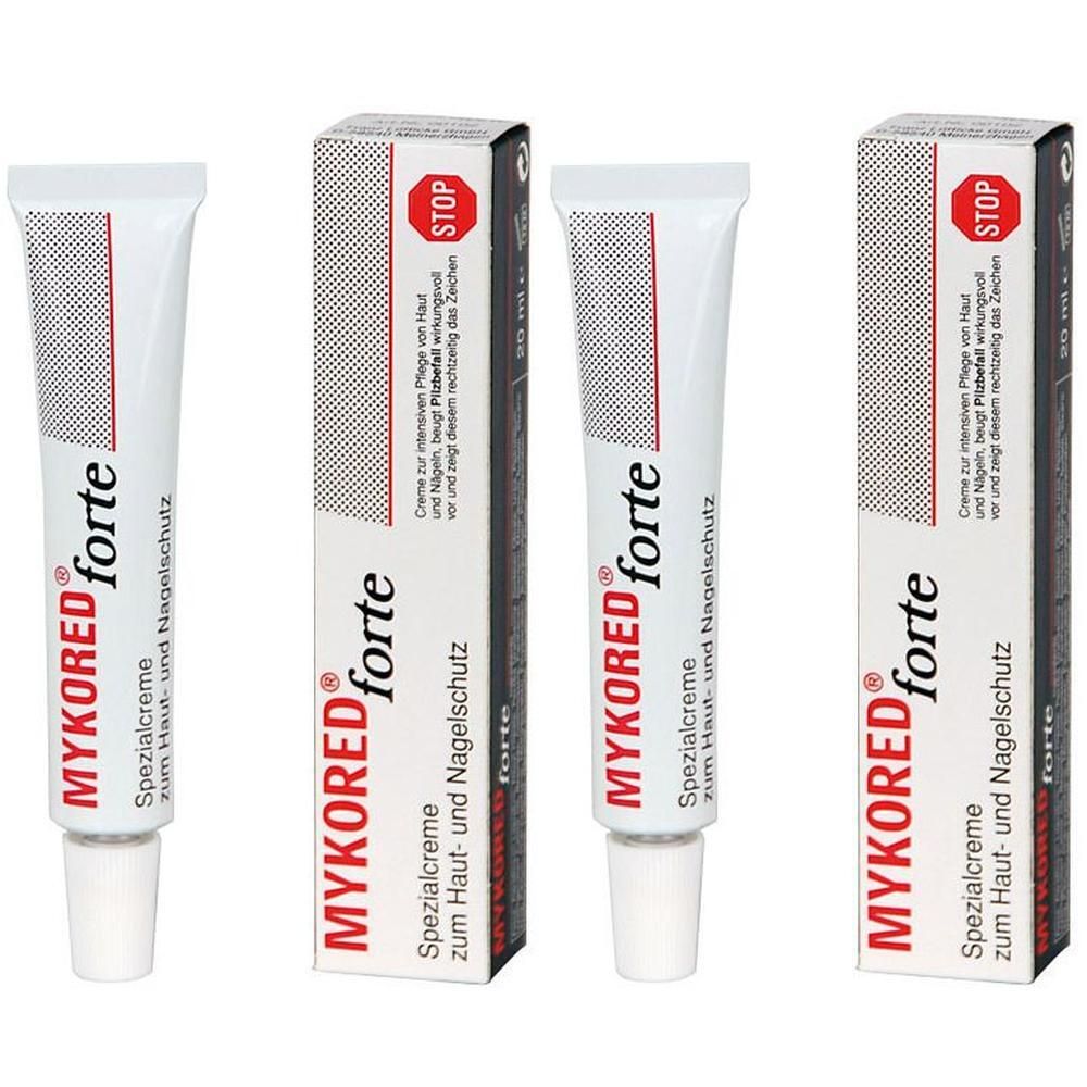 Zwei Tuben und zwei Faltschachteln Mykored® Forte Spezialcreme zum Haut- und Nagelschutz.