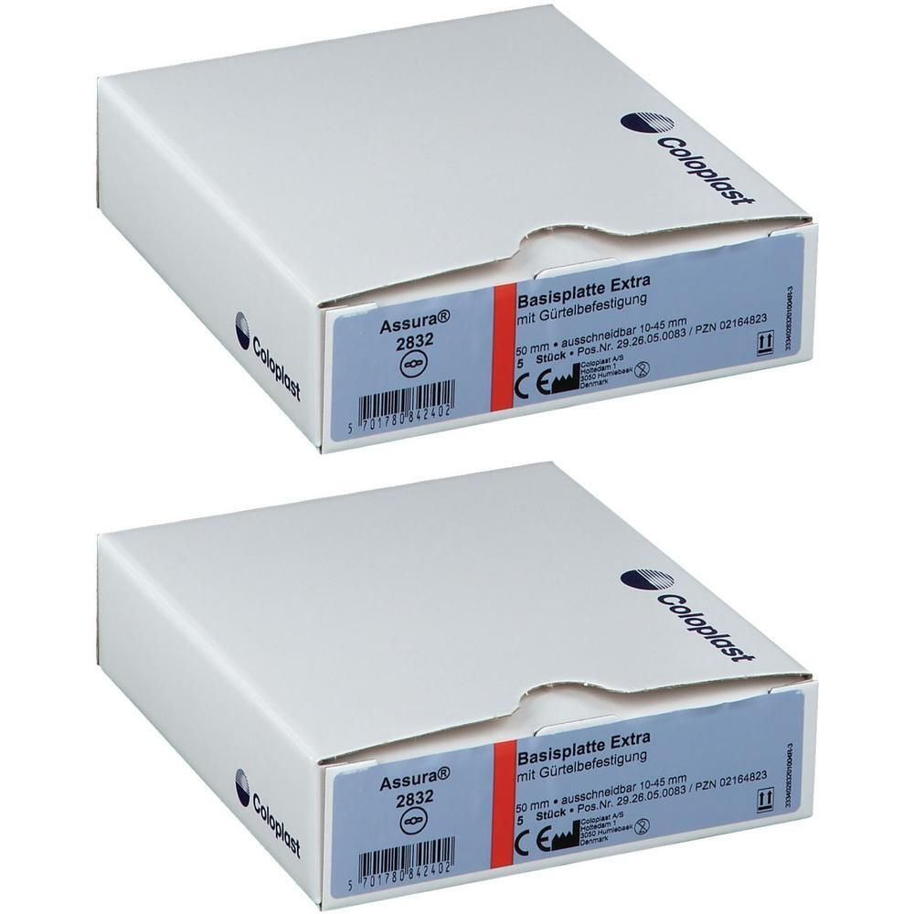 Zwei Coloplast Assura Basisplatten Extra Schachteln, 50mm Aussendurchmesser, mit Gürtelbefestigung.