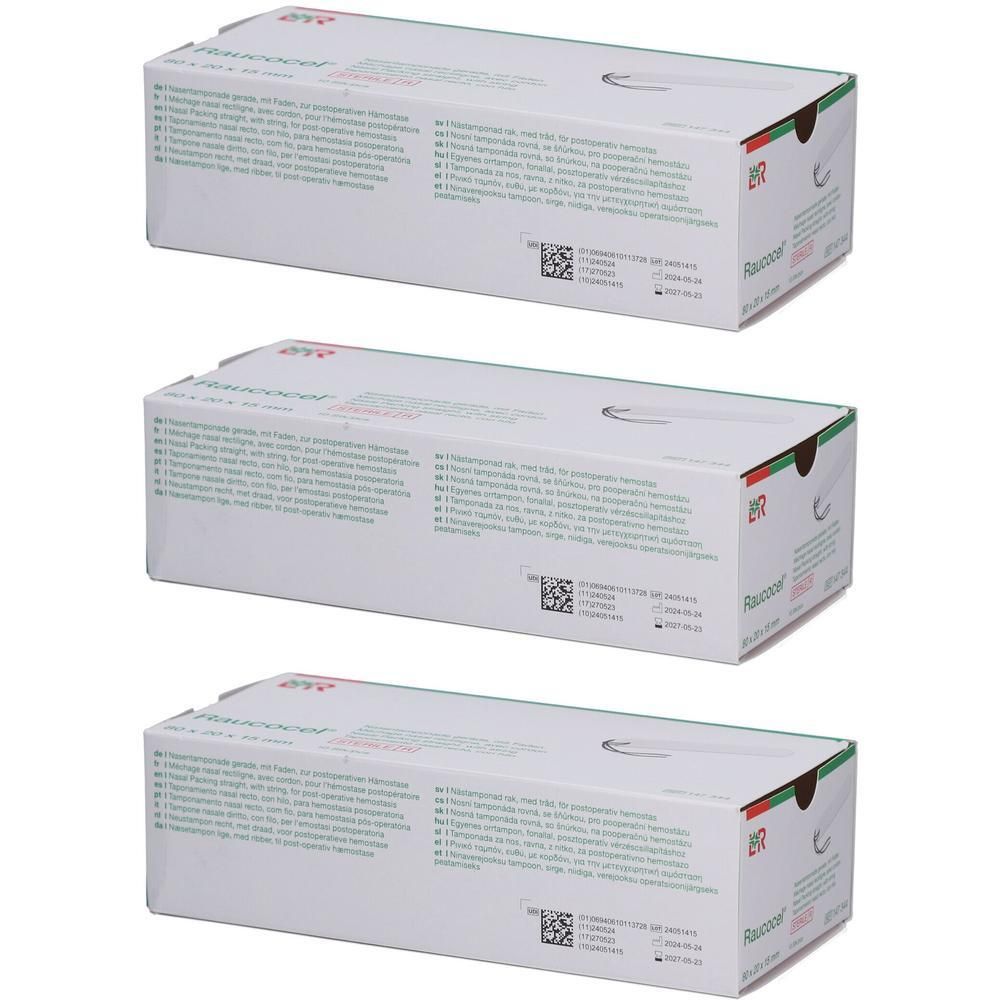 Drei Schachteln RAUCOCEL Nasentamponade, gerade, 80 mm, mit Rückholfaden. Weiße Verpackung mit grünen und roten Akzenten.