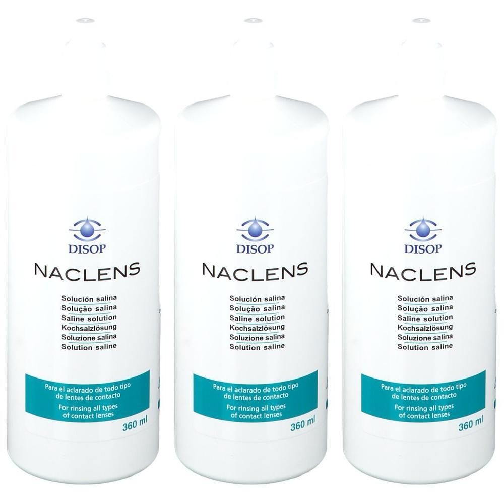 Drei weiße Flaschen Naclens Kochsalzlösung mit blauem Etikett und Augenlogo. 360 ml.