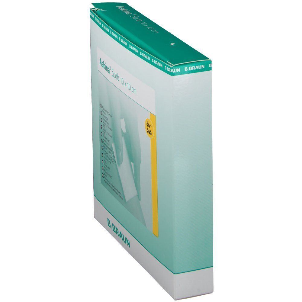 Eine Packung Askina® Sorb Wundauflagen 10 x 10 cm steril von B. Braun, Seitenansicht.