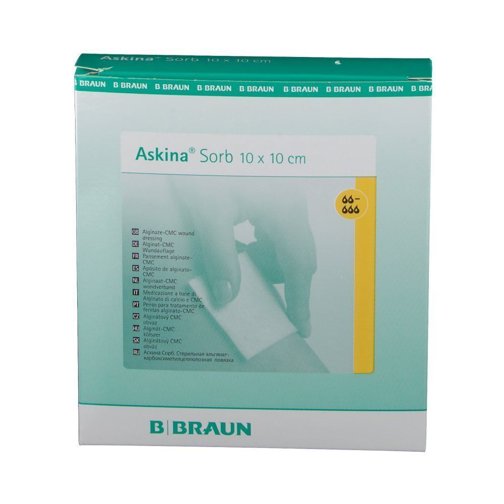 Vorderseite einer Packung Askina® Sorb Wundauflagen 10 x 10 cm steril von B. Braun.