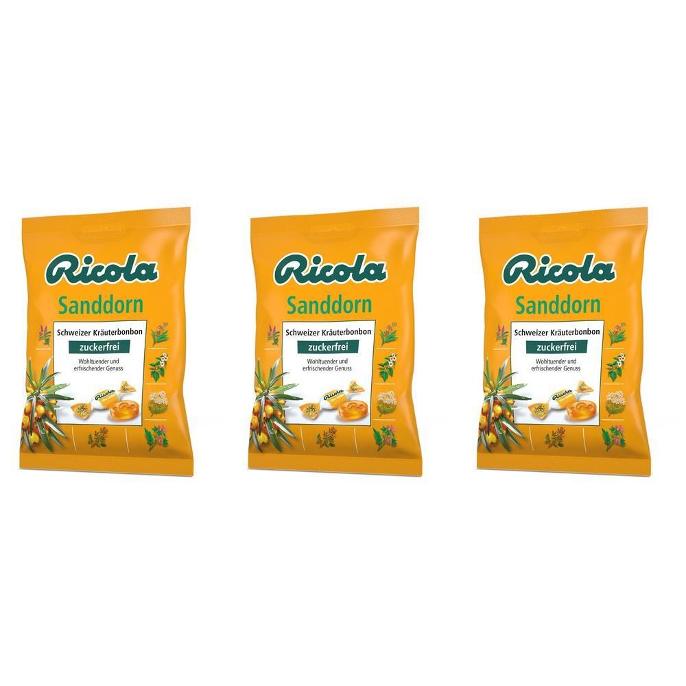 Drei Ricola Sanddorn zuckerfreie Kräuterbonbon-Packungen mit Abbildungen von Sanddornbeeren und Kräutern.