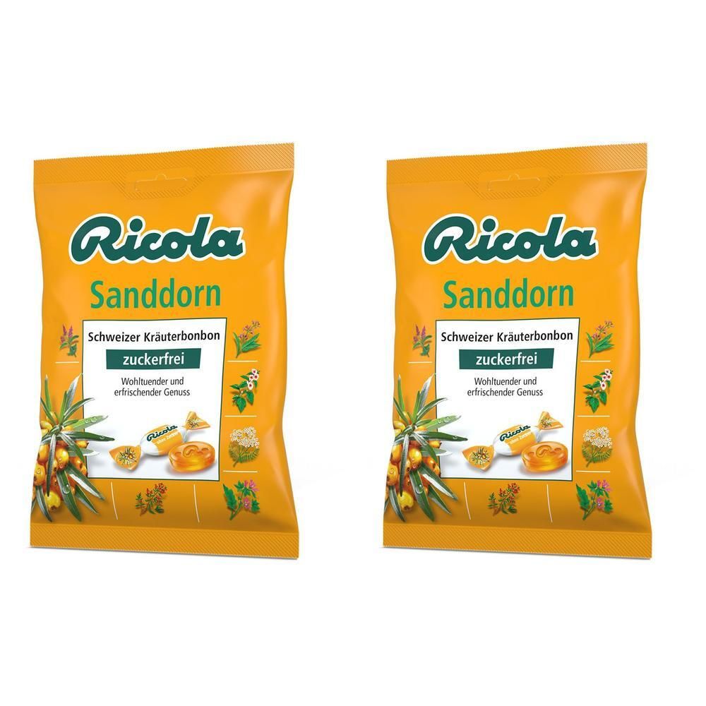 Zwei orangefarbene Packungen Ricola Sanddorn Schweizer Kräuterbonbons zuckerfrei mit Abbildungen von Sanddornbeeren und Bonbons.