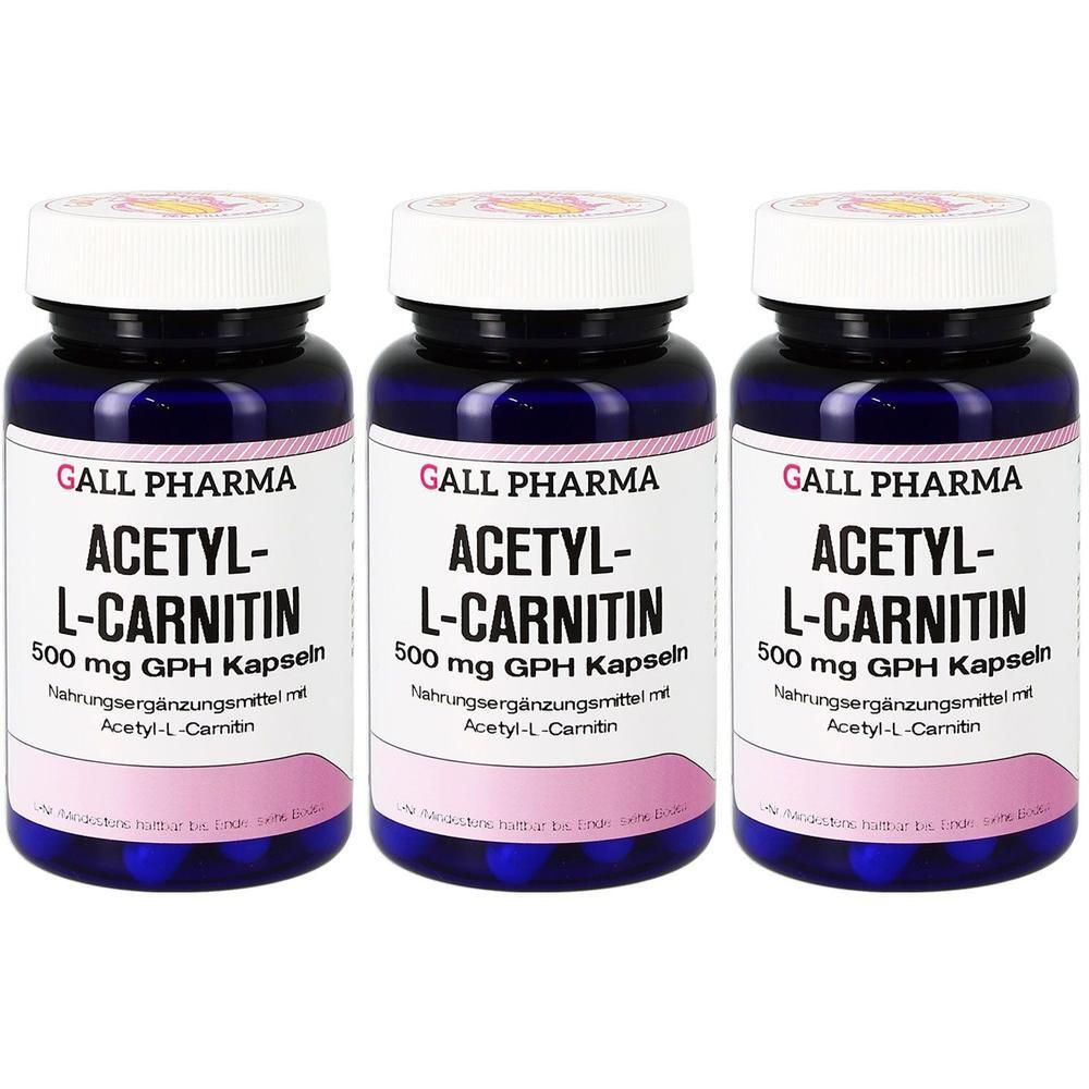 Drei Flaschen GALL PHARMA Acetyl-L-Carnitin 500 mg GPH Kapseln mit weißen Schraubverschlüssen und blauen Körpern.